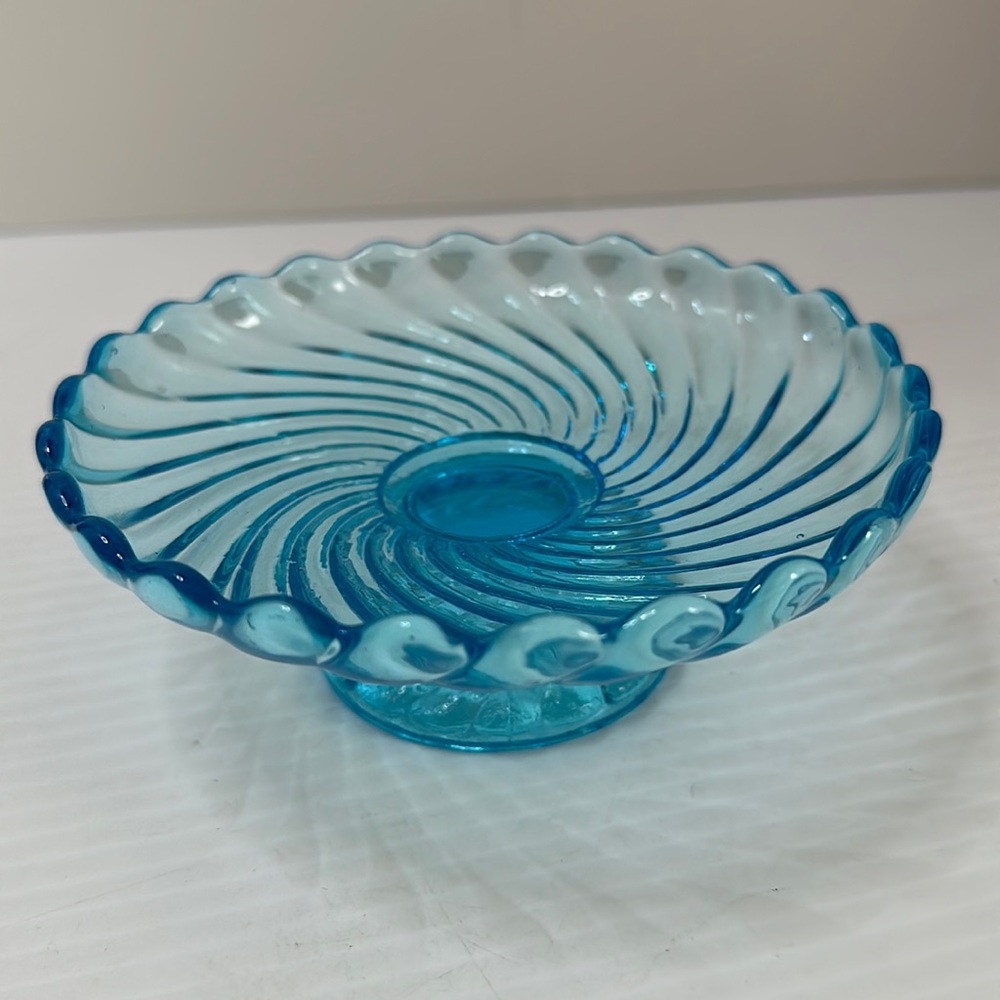 Vintage blue swirl dish candle holder glass